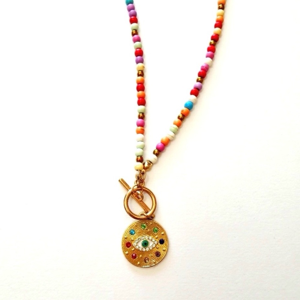 Good Luck Evil Eye Protection Rainbow Beaded Necklace wGold Toggle Clasp Pendant - Picture 6 of 6